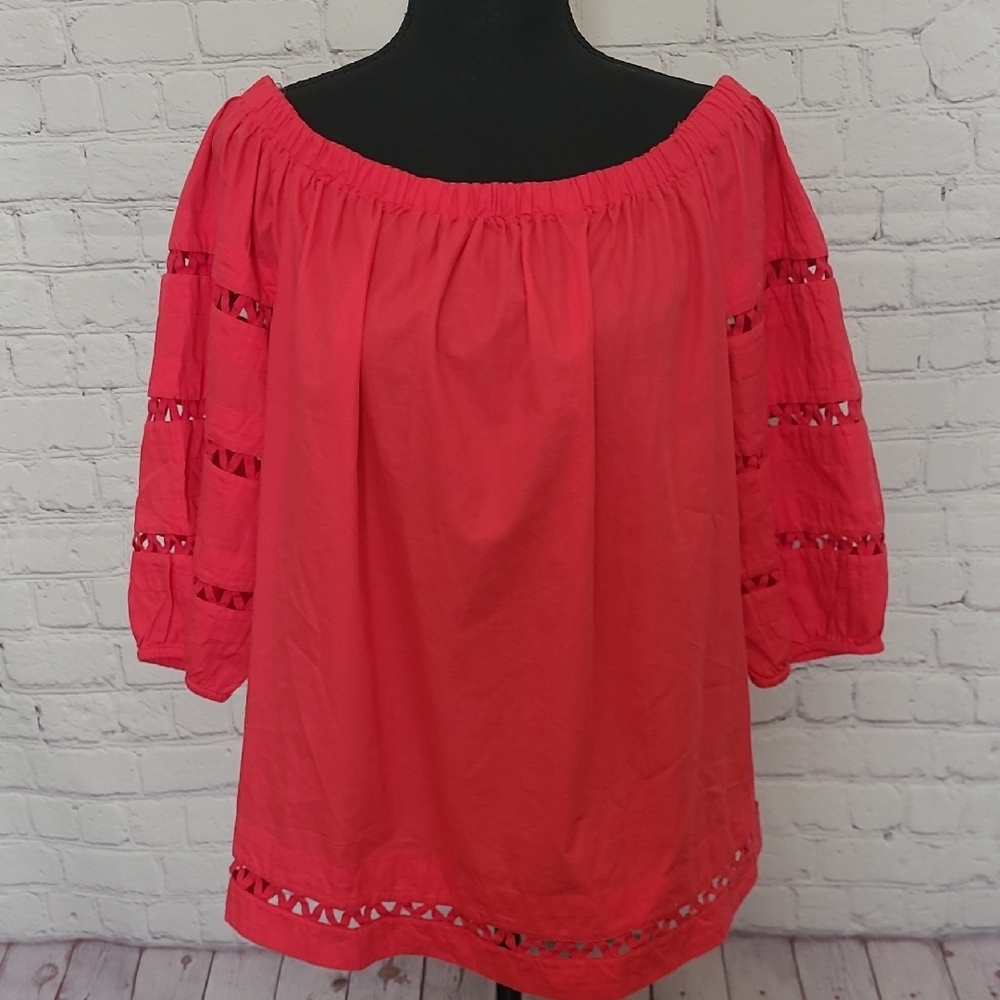 NEW Bright Pink Large Cotton Half Sleeve Cotton Blouse Back Snap On/Off Shoulder
